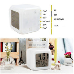 7 Colors Glowing LED Digital Silent Alarm Clock Cube with Date Day and Temperature Display