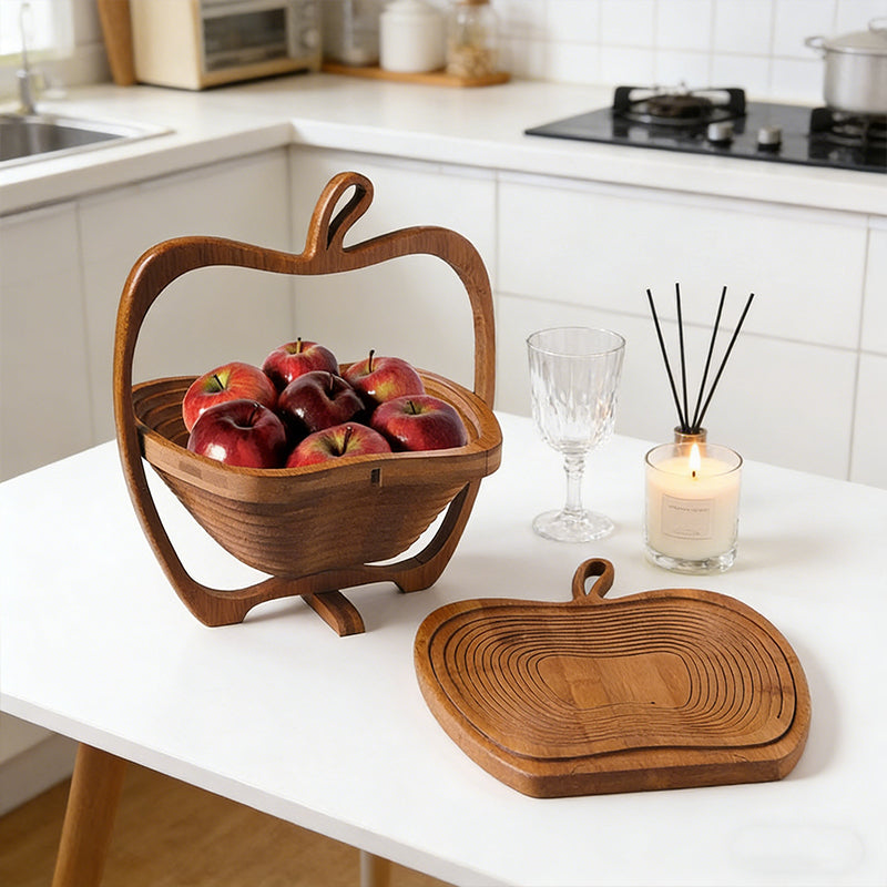 Natural Bamboo Foldable Fruit Basket Collapsible Creative Apple Shaped Fruit Bowl