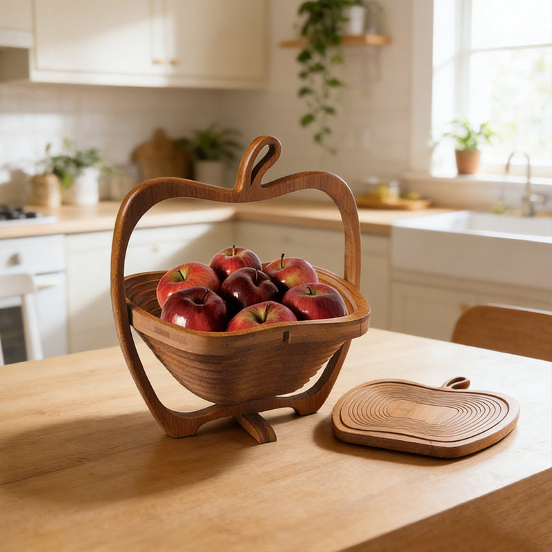 Natural Bamboo Foldable Fruit Basket Collapsible Creative Apple Shaped Fruit Bowl