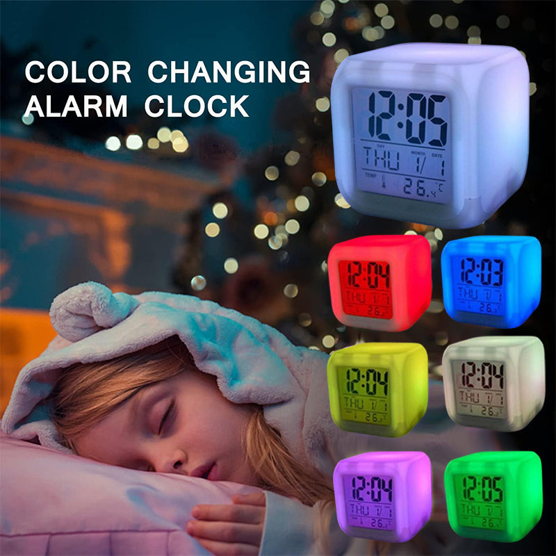 7 Colors Glowing LED Digital Silent Alarm Clock Cube with Date Day and Temperature Display