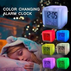 7 Colors Glowing LED Digital Silent Alarm Clock Cube with Date Day and Temperature Display