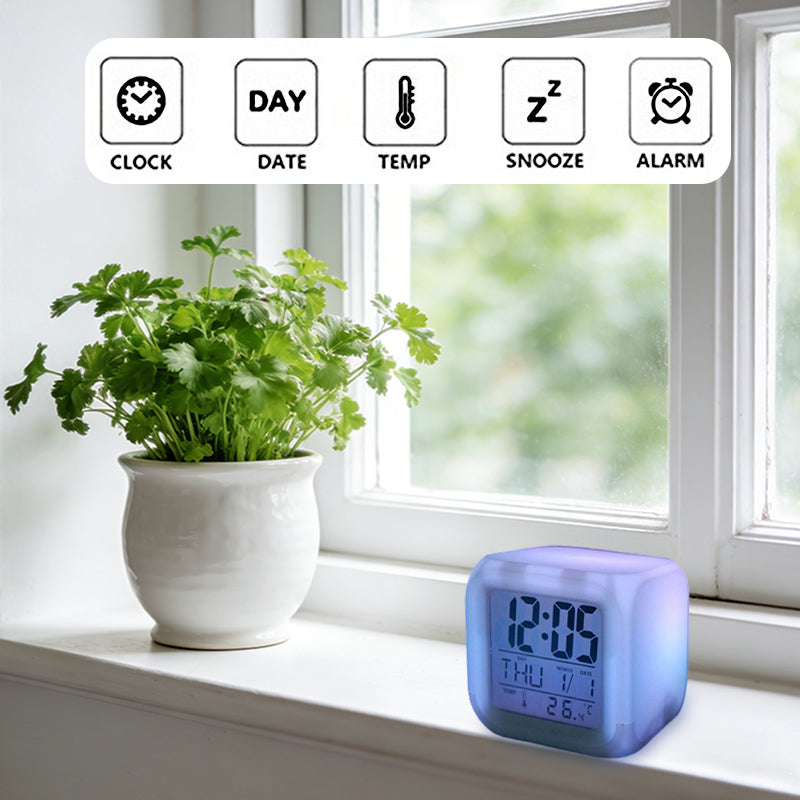 7 Colors Glowing LED Digital Silent Alarm Clock Cube with Date Day and Temperature Display