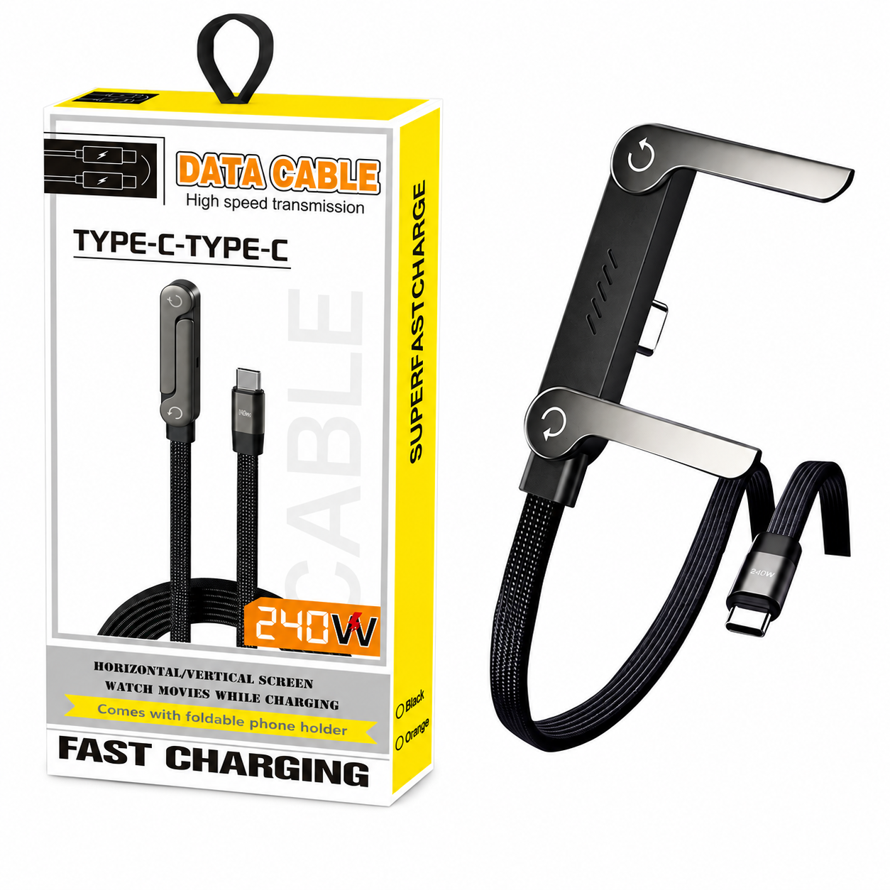 2 in 1 Invisible Holder 240W 1.5m USB C to C Data Cable Foldable Phone Stand Fast Charging Cable for iPhone 15/16/17 Xiaomi Huawei Honor Samsung