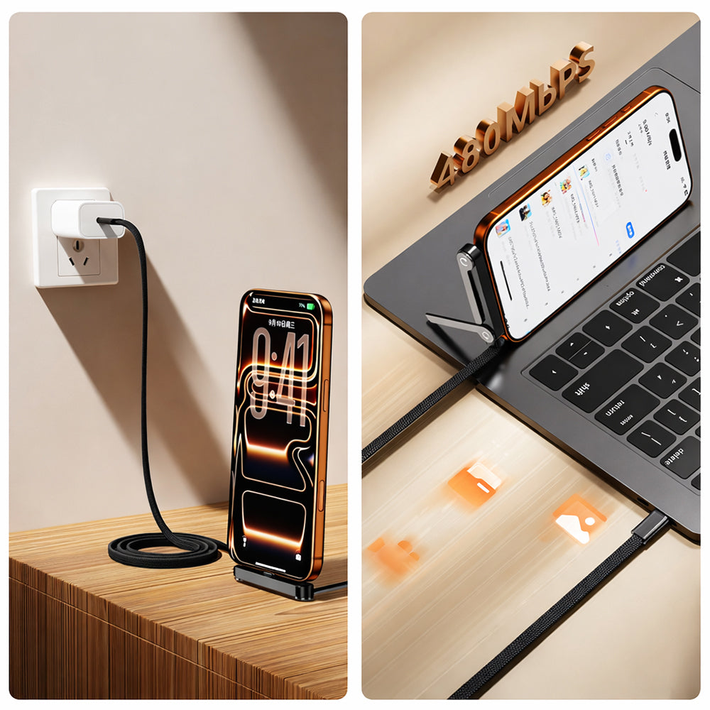 2 in 1 Invisible Holder 240W 1.5m USB C to C Data Cable Foldable Phone Stand Fast Charging Cable for iPhone 15/16/17 Xiaomi Huawei Honor Samsung