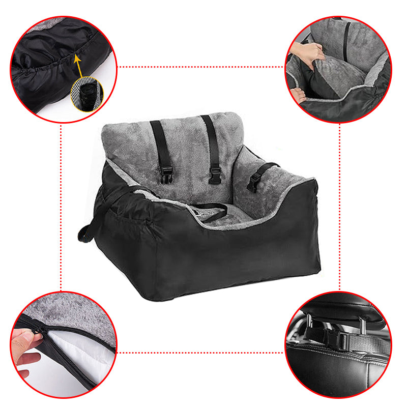 Dog Car Seat Plush Cosy Pet Car Booster Seat for Small Dogs and Cats with Storage Pocket and Safety Leash - Black